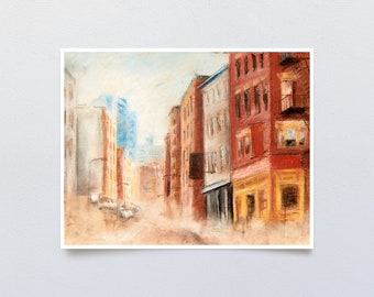 Abstract Vintage City Art Print, Pastel Painting of a Dusty Ethereal Cityscape, Urban Scene with Soft Brushwork and Light Blended Colors