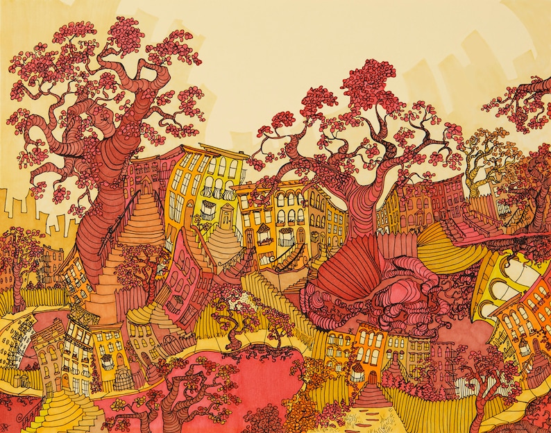 A vibrant psychedelic art print featuring a surreal urban cityscape with melting buildings, swirly sidewalks, and whimsical trees in orange and yellow tones.