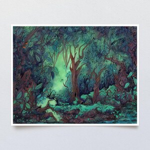 Fantasy nature painting of whimsical woods with a calm, quiet atmosphere, featuring blue and green tones and a serene jungle-like vibe.