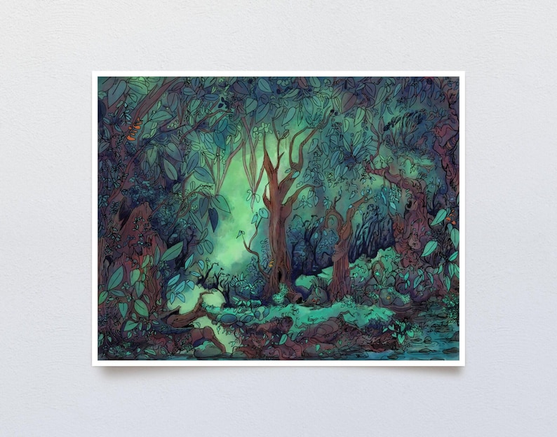 Fantasy nature painting of whimsical woods with a calm, quiet atmosphere, featuring blue and green tones and a serene jungle-like vibe.