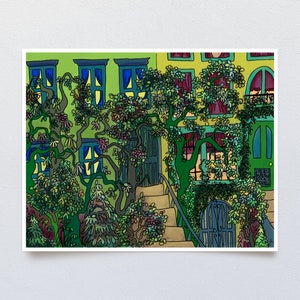 Green Home Art Print, Digital Painting of Daytime Urban Jungle Scene, Whimsical Modern Cityscape with Lush Twisty Trees and Overgrown Ivy image 1