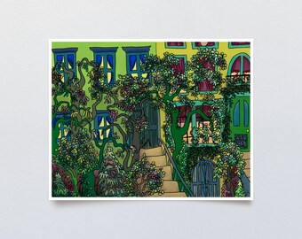 Green Home Art Print, Digital Painting of Daytime Urban Jungle Scene, Whimsical Modern Cityscape with Lush Twisty Trees and Overgrown Ivy