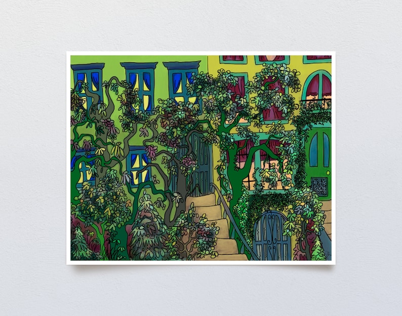 Green Home Art Print, Digital Painting of Daytime Urban Jungle Scene, Whimsical Modern Cityscape with Lush Twisty Trees and Overgrown Ivy image 1