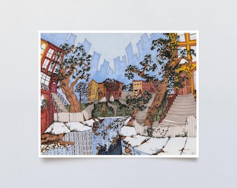Surreal City Art, Urban Decay Art, Abstract Building Art, Fantasy Art Print, Overgrown Homes Art, Colorful City Art, Whimsical City Print