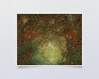 Arte de bosque mágico, arte de bosque de fantasía, arte de bosque caprichoso, arte de pared de bosque, bosque mágico, arte de naturaleza surrealista, pintura de bosque, decoración de bosque
