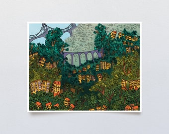 City in the Trees Art Print, Digital Painting of Whimsical Urban Village, Fantasy Landscape with Bridges and Homes Settled in Thick Foliage