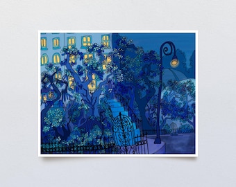 City Night Scene Art, Blue and Yellow Art, City At Night, Botanical Home, Night Painting, Nighttime Cityscape, Moonlit Night, Whimsical Art