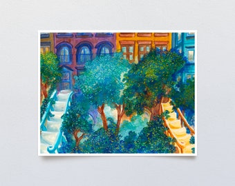 Colorful Tree and Brownstone Art Print, House Watercolor Original Painting, Hot Sunny Summer Cityscape, Unique Contemporary Urban Scene