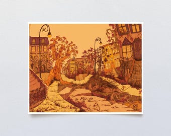 Post Apocalyptic Art, Urban Decay Art, End Of The World, Abandoned Buildings, Dystopian Art Print, Fantasy City Art, Overgrown Homes Art