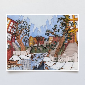 Whimsy Chilly City Art Print, Illustration in Cold Colors, Dreamlike Cityscape of Crumbling Sidewalks, Tree Roots and Skyscraper Reflections