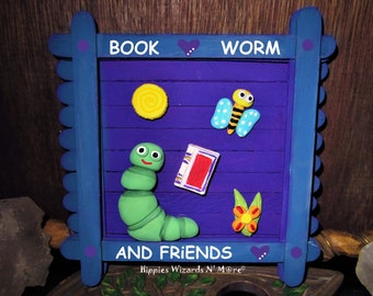 My Original OOAK Whimsical Wall Hanger - "Bookworm and Friends" - (3D Painting, Wall Art, Wood Painting, Framed Sculpture)
