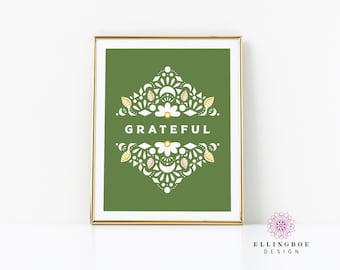 Grateful Floral Print, Gratitude, Home Decor, Holiday Decor, Inspirational Art Print, Thanksgiving Decor, Geometric Floral, Inspo Message