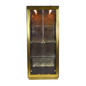 Mastercraft Mid-Century Brass & Black Lacquer Lighted Vitrine Display Cabinet, Dining Room China Cabinet Living Room Display Furniture