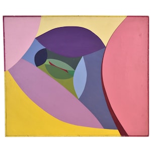 Vintage Mid-Century Modern Abstract Concentric Colorful Shapes Oil Painting
