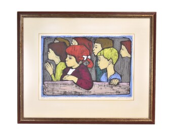 Vintage Mid-Century Irving Amen Woodblock Print of Children “Audience”