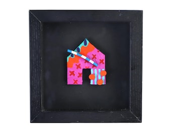 Vintage Miniature Paint and Mixed Media Framed Geometric Sculpture