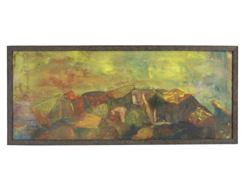 Vintage Wide Abstracted Mountain Landscape Oil Painting
