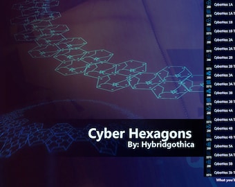 May include: A digital illustration of a blue and green geometric pattern of hexagons on a dark blue background. The text "Cyber Hexagons" and "By: Hybridgothica" is displayed below the pattern. A list of items with prices and descriptions is shown on the right side of the image.