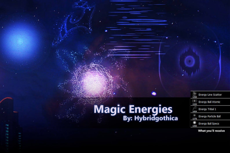 Puede incluir: Una imagen de arte digital con un fondo azul oscuro y una bola de energ&iacute;a p&uacute;rpura y blanca en el centro. El texto "Magic Energies" y "By: Hybridgothica" se muestra en texto blanco. Una lista de efectos de energ&iacute;a se muestra en el lado derecho de la imagen.