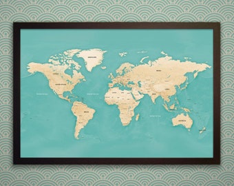 Push Pin World Map Framed- Turquoise World Map- World Map Push Pin- Travel Map- Map With Pins- Large Wall Art- Push Pin Travel World Map