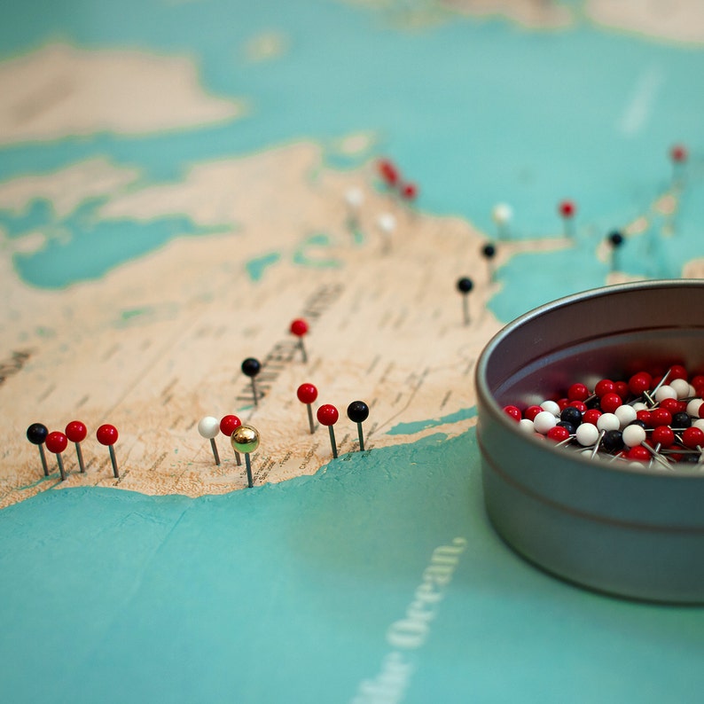 Push Pin World Map Poster Turquoise World Map Travel Map Etsy