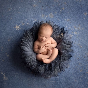 Curly Round Felted Blanket 21-23inch, Newborn Photography Props Wool Stuffer Curly Felt DENIM BLUE
