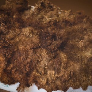 May include: A brown curly sheepskin rug with a soft, fluffy texture. The rug is laid out on a white surface.