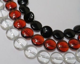 14mm Round Glass Coin Beads, 13" Strand - Select from Clear, Transp. Topaz or Op. Black