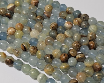 6mm Round Natural Argentina Lemurian Aquatine Blue Calcite Beads, 15"Strand