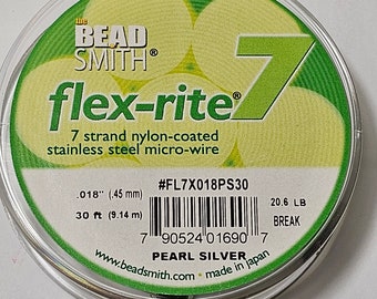 Beadsmith Flex-rite 7 Strand .018" Nylon-Coated Stainless Steel Micro-wire, Pearl Silver, 30ft (9.14m)