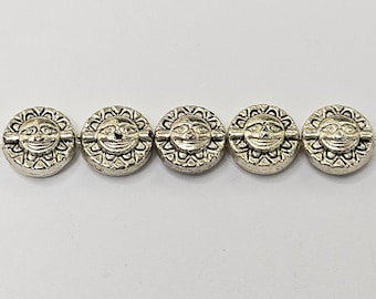 8x3.5mm Sun, Moon & Stars Flat Round Metal Beads, Antique Silver - 20 or 50 Pieces