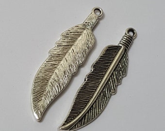 42mm Antique Silver Feather Metal Pendants, 5 Pcs