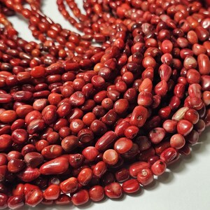 May include: A strand of red coral beads, each bead is a unique, irregular shape. The beads are smooth and polished, with a natural, organic look.
