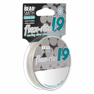 May include: A spool of Flex-rite 19 strand nylon-coated sterling silver plated stainless steel micro-wire. The packaging features the Bead Smith logo and the words "Beading Wire", "Soft & Supple", and "Kink-resistant". The number 19 is prominently displayed.