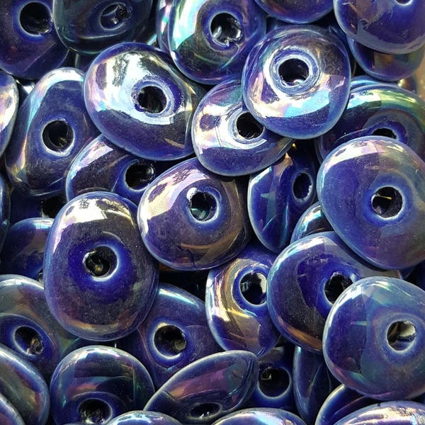 13mm Mykonos Greek Ceramic Cornflake Beads, Oil On Water - 10 Beads