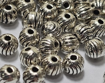 4mm Silver Plated Round Metal Beads with Lines, 50 Pcs