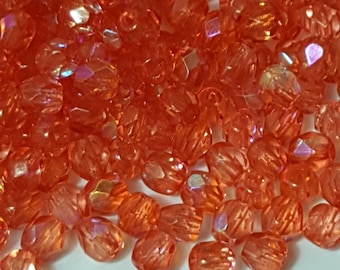 4mm Coral AB Czech Faceted Fire-Polished Glass Beads - Select Amount