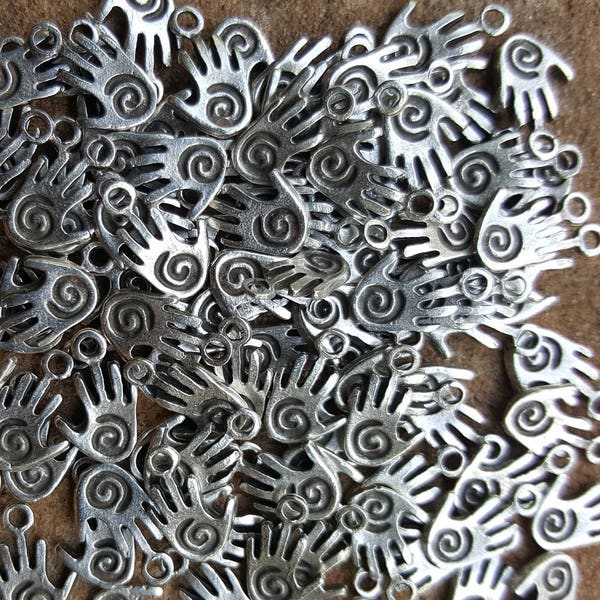 Mykonos Greek Hand Charms with Spiral Pattern, 10mm - Pewter - 10 Pieces