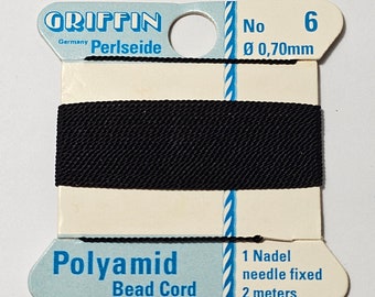 Griffin Nylon Polyamid Bead Cord, Black with Needle, 2 Metres - Select Size