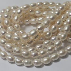 Pode incluir: Um fio de pérolas de água doce de forma oval e cor branca. As pérolas são lisas e brilhantes.
