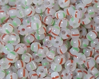 7/0 Czech Preciosa Glass Stripe Seed Beads, Red/Green Stripe on Translucent (Col: 02950) - 20 Grams