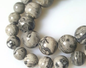 Natural Gray Picture Jasper Round Beads - 15.5" Strand - Select 6mm or 8mm