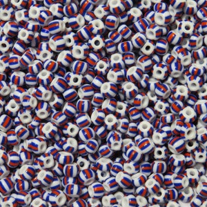 May include: A large pile of white and red striped beads. The beads are small and round, and they are ideal for making jewellery or other crafts.