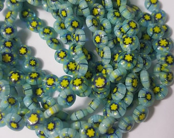 8mm Round Millefiori Glass Beads, Turquoise Green, 15" Strand (Approx 50 Beads)