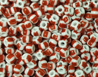 7/0 Czech Preciosa Glass Stripe Seed Beads, Red/White (Col: 03910), 20 Grams