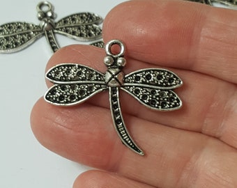 28x34mm Dragonfly Metal Charms, Antique Silver, 5 Pcs