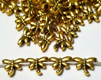 Dubbelzijdige libellekralen in Tibetaanse stijl - 8 x 6 x 2,5 mm, binnendiameter: 1 mm, antiek goud - 20 kralen