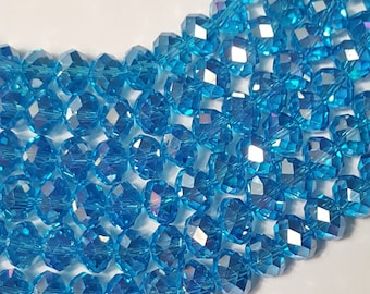 8x6mm Aqua AB Faceted Czech Fire-Polished Rondelle/Donut Glass Beads, 7.5" Strand (36 Pcs)