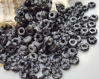 Natural Snowflake Obsidian Large Hole Rondelle Beads, 10.5x4.5mm, Hole: 4mm - Select 6 or 12 Pieces