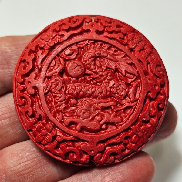 Carved Cinnabar Flat Round Pendant Bead, Sold Individually - Select Design